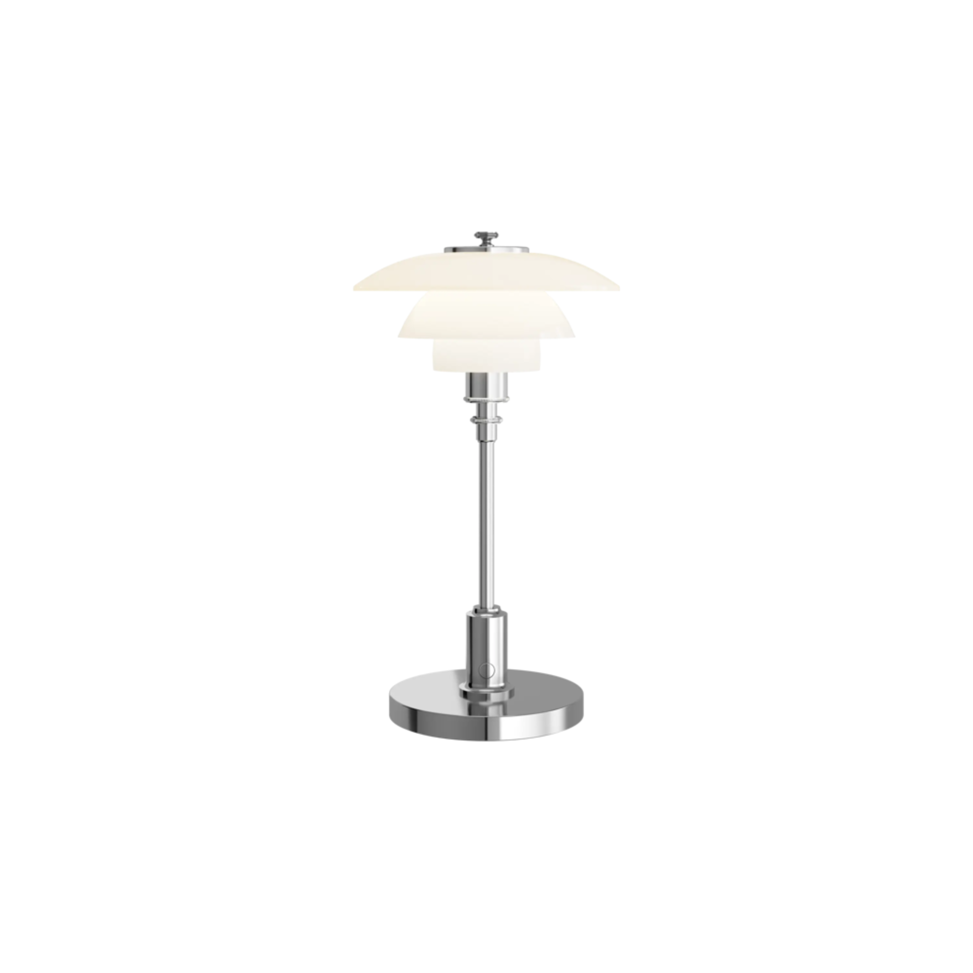 The chrome PH 1/1 Portable Lamp from Louis Poulsen turned on.
