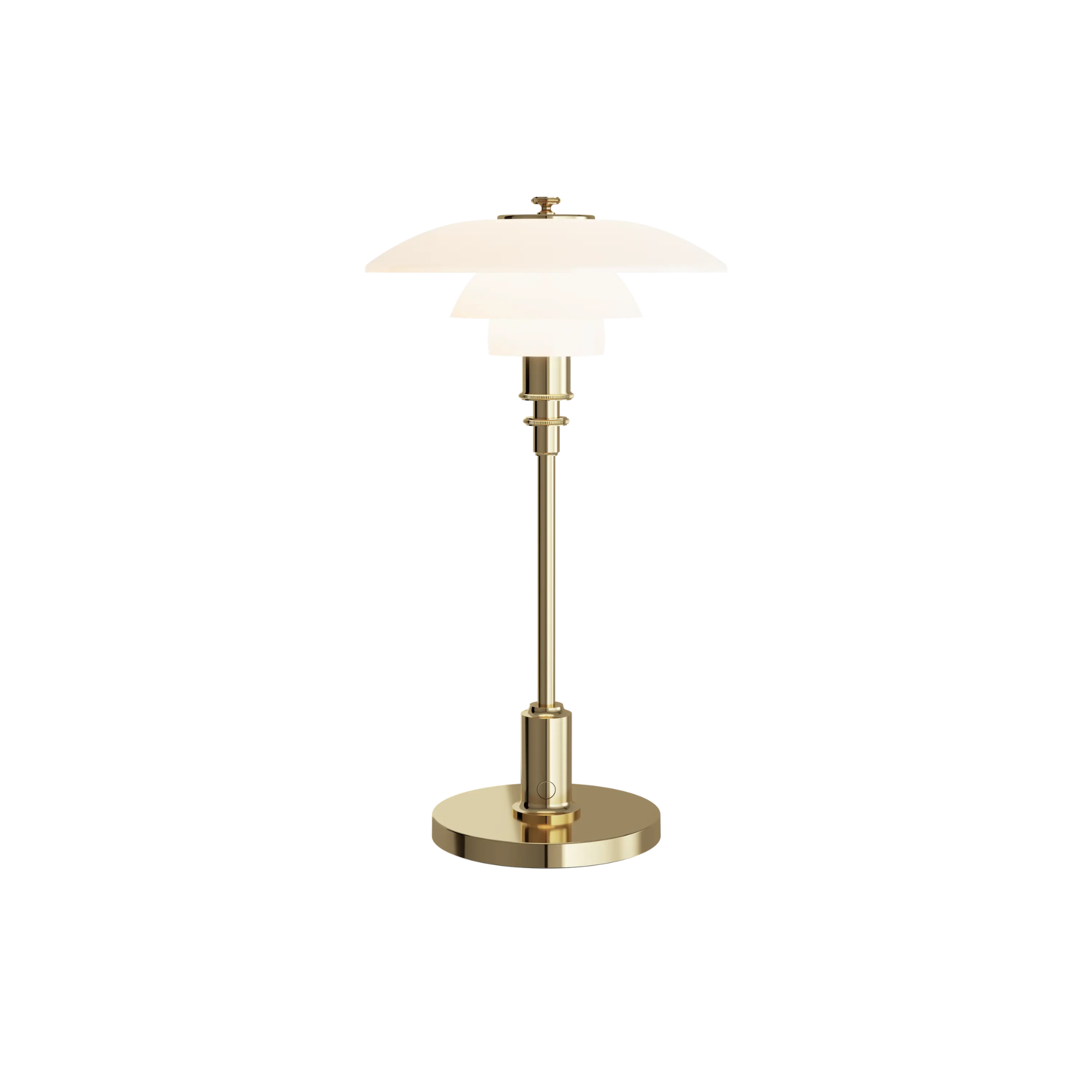 The brass PH 2/1 Portable Lamp from Louis Poulsen turned on.