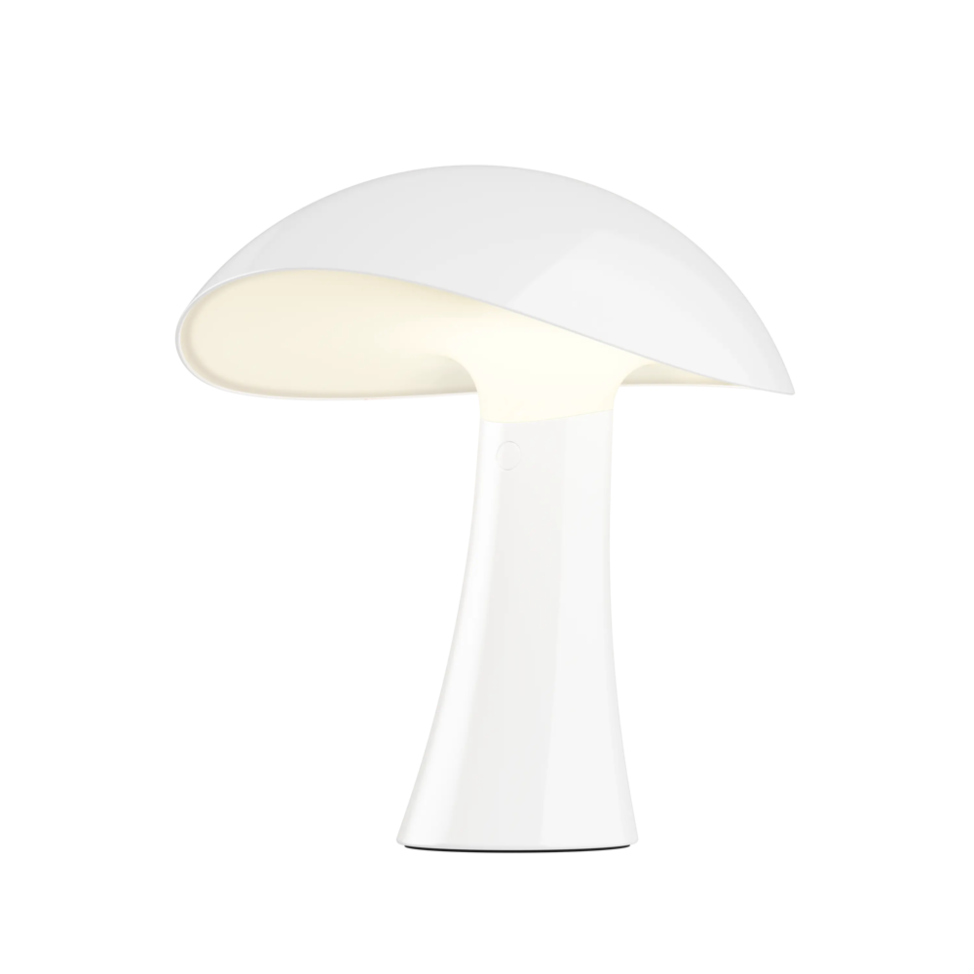 The cloud white Rumee 220 Portable Lamp from Louis Poulsen turned on.