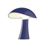 The night blue Rumee 220 Portable Lamp from Louis Poulsen turned on.