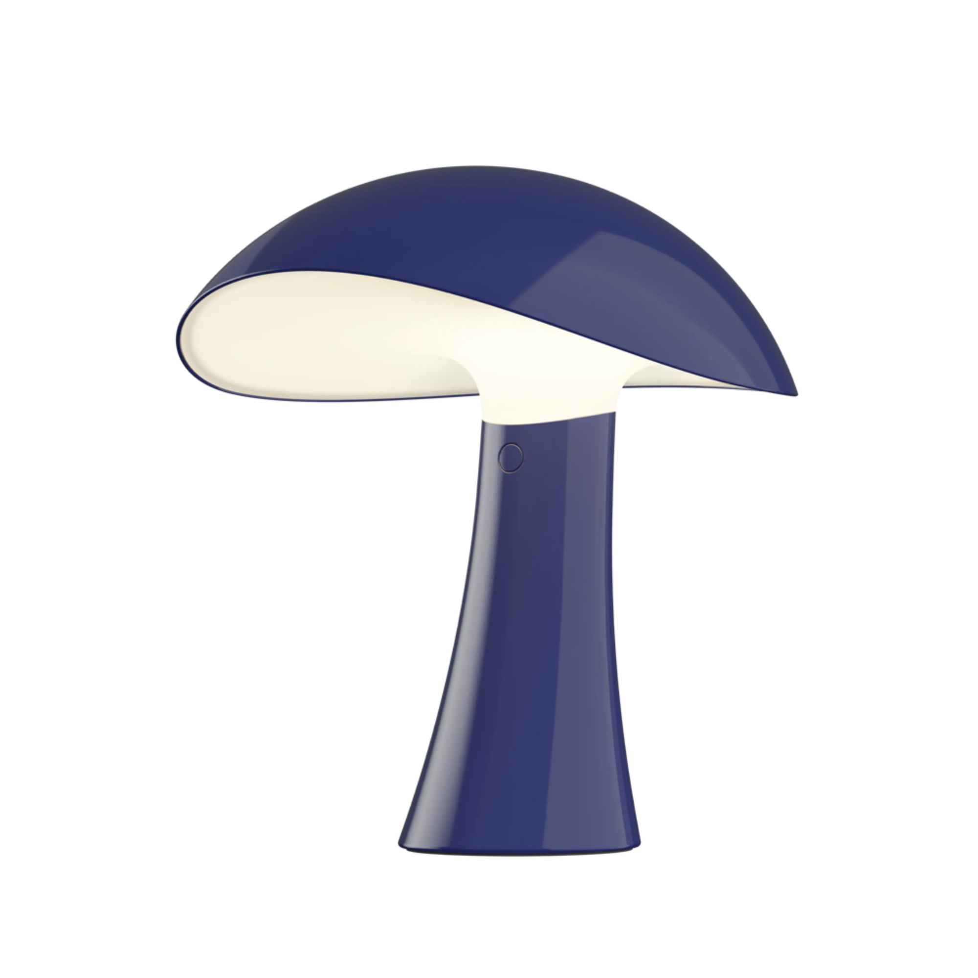 The night blue Rumee 220 Portable Lamp from Louis Poulsen turned on.