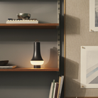 The dark brown Tomoshi Portable Lamp from Louis Poulsen in a home office on a bookshelf with decor.