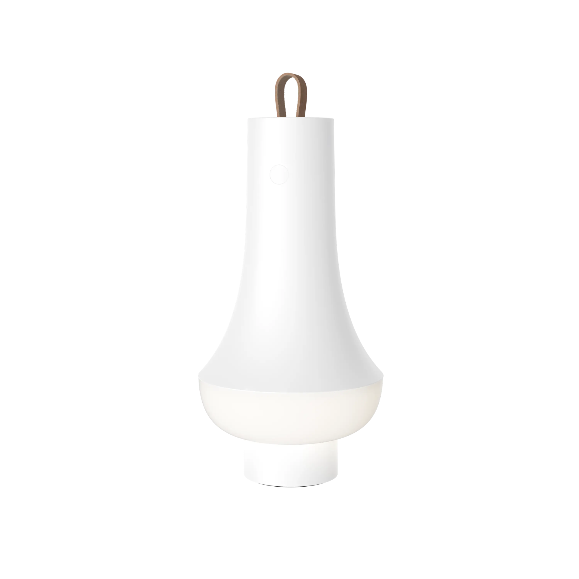 The white Tomoshi Portable Lamp from Louis Poulsen turned on.
