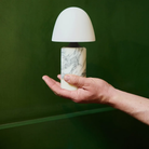 The Fuse Cordless Lamp from Made by Hand in a studio being held in front of a green wall.