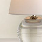 The Nicole Rechargeable LED Table Lamp from Mitzi shown in detail, highlighting the linen shade, nickel stem and crystal base.