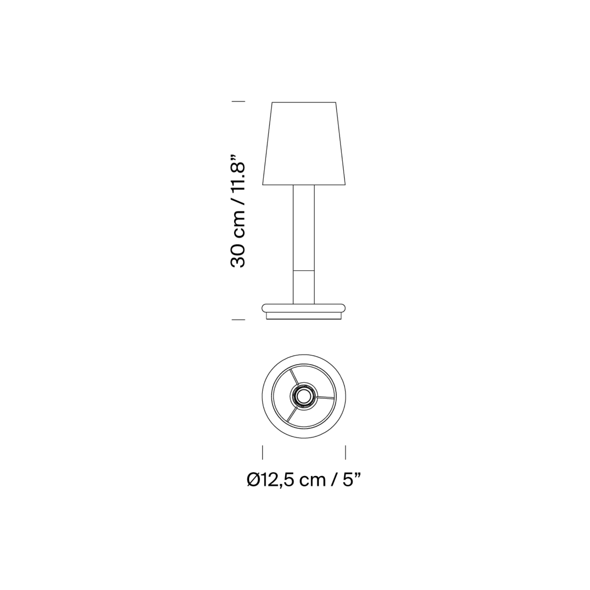 The dimensions of the Básica Mínima Batería Cordless Lamp from Santa & Cole. all-groups