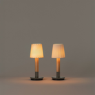 The Básica Mínima Batería Cordless Lamp from Santa & Cole with the both shade options side by side. all-groups