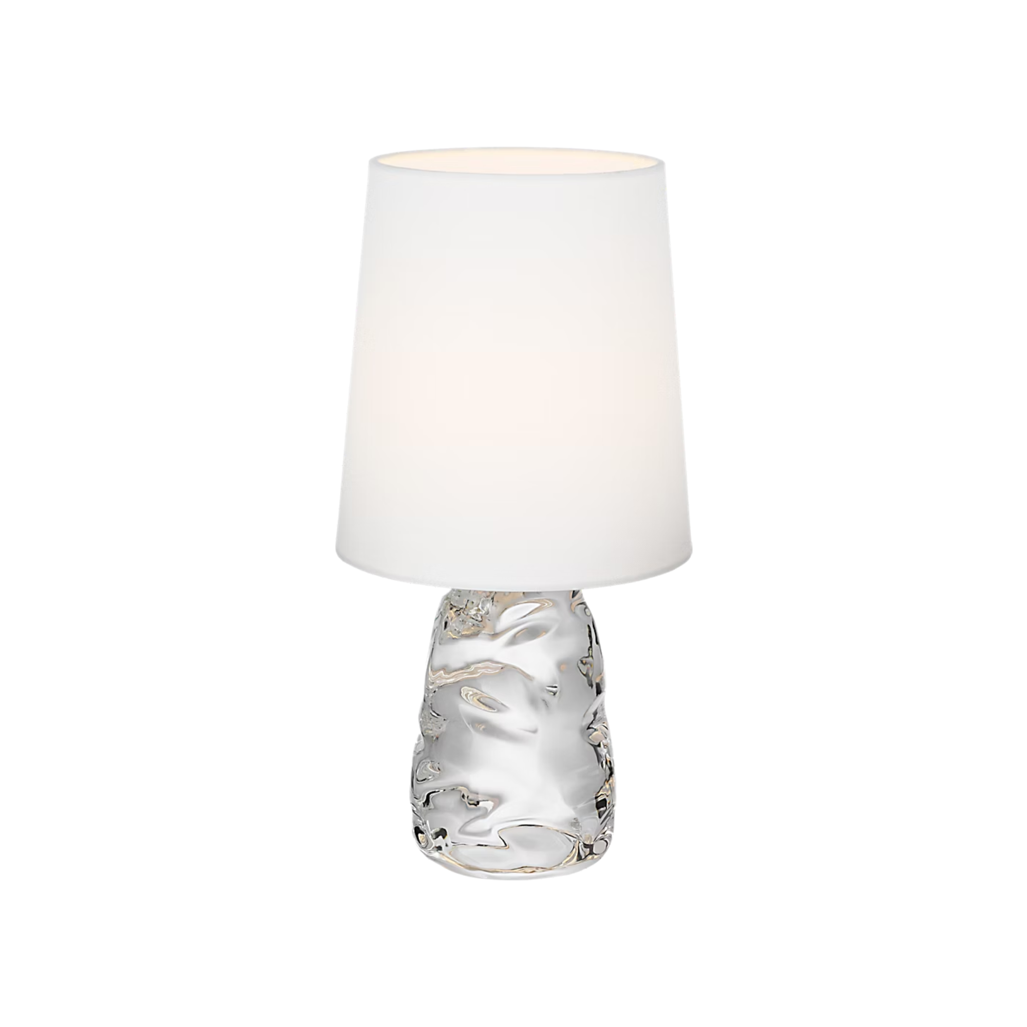 The glass Lupin Cordless Lamp from Visual Comfort Signature shown at an angle turned on.