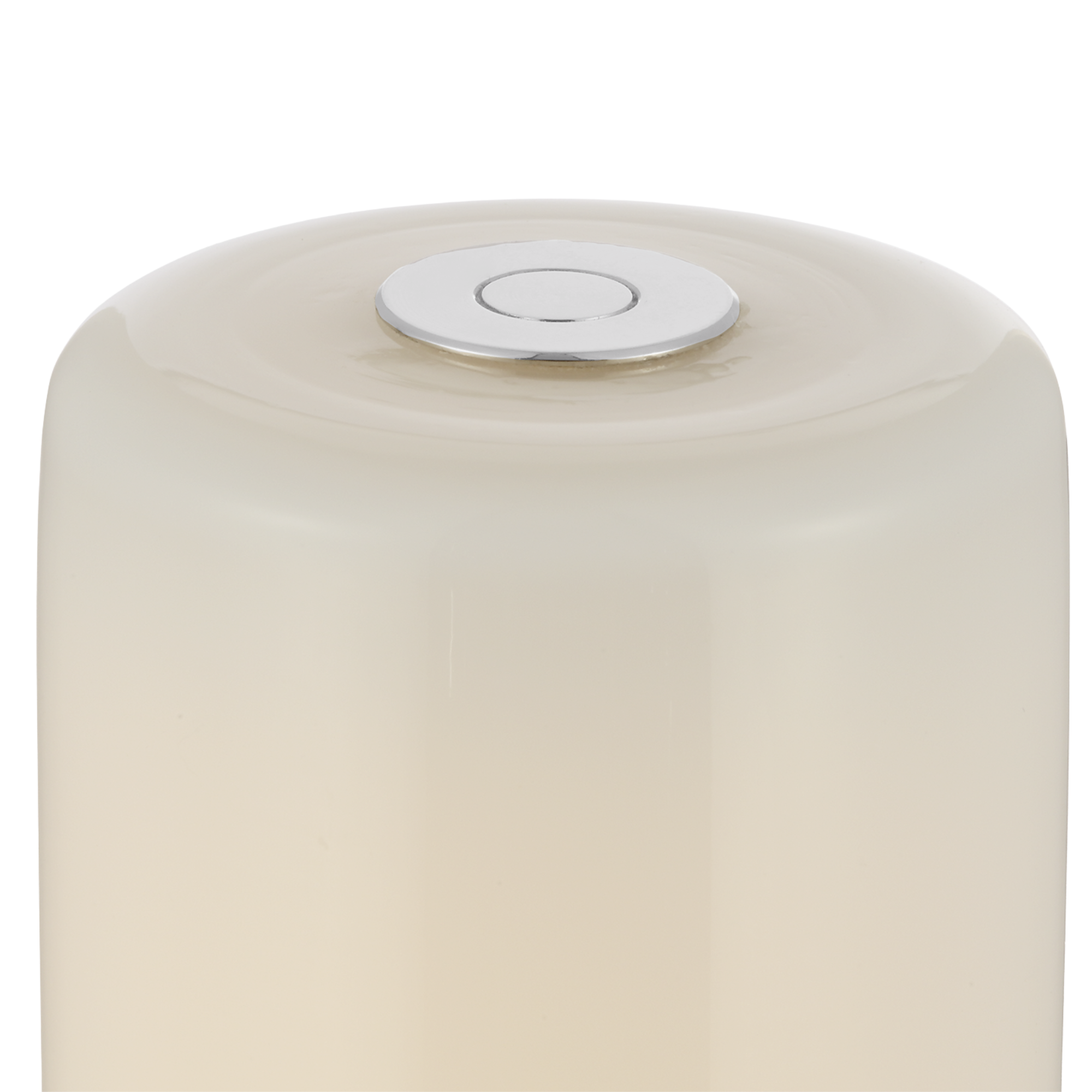 The nickel R41 Rechargeable Module Cordless Lamp from Visual Comfort Signature, shown in a close-up of the cylindrical lamp diffuser in a warm off-white color, featuring a small circular metallic silver button on top, set against a plain white background. 