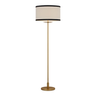 The gild with cream linen shade with black linen trim Walker Cordless Floor Lamp from Visual Comfort Signature at an angle turned off.