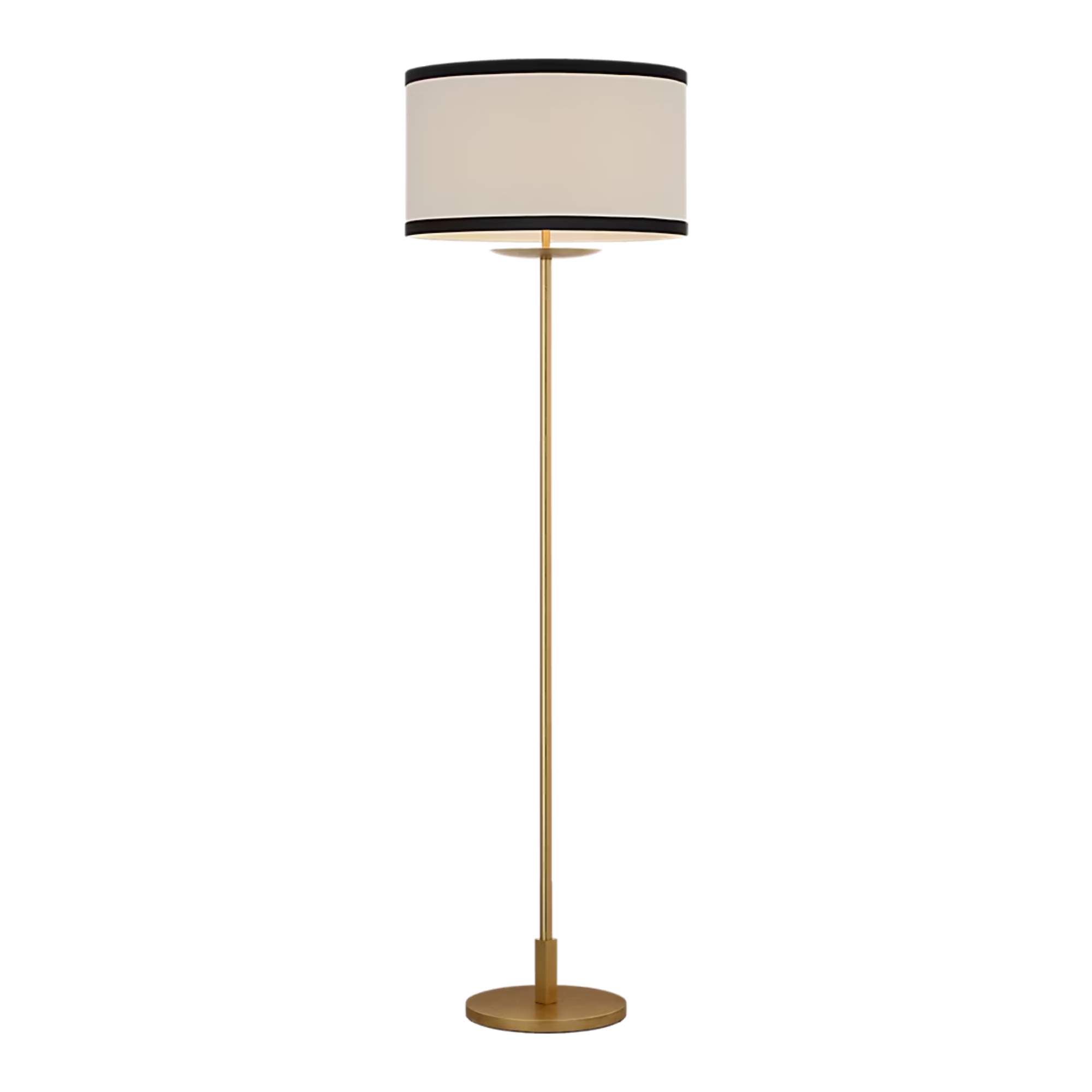 The gild with cream linen shade with black linen trim Walker Cordless Floor Lamp from Visual Comfort Signature at an angle turned off.