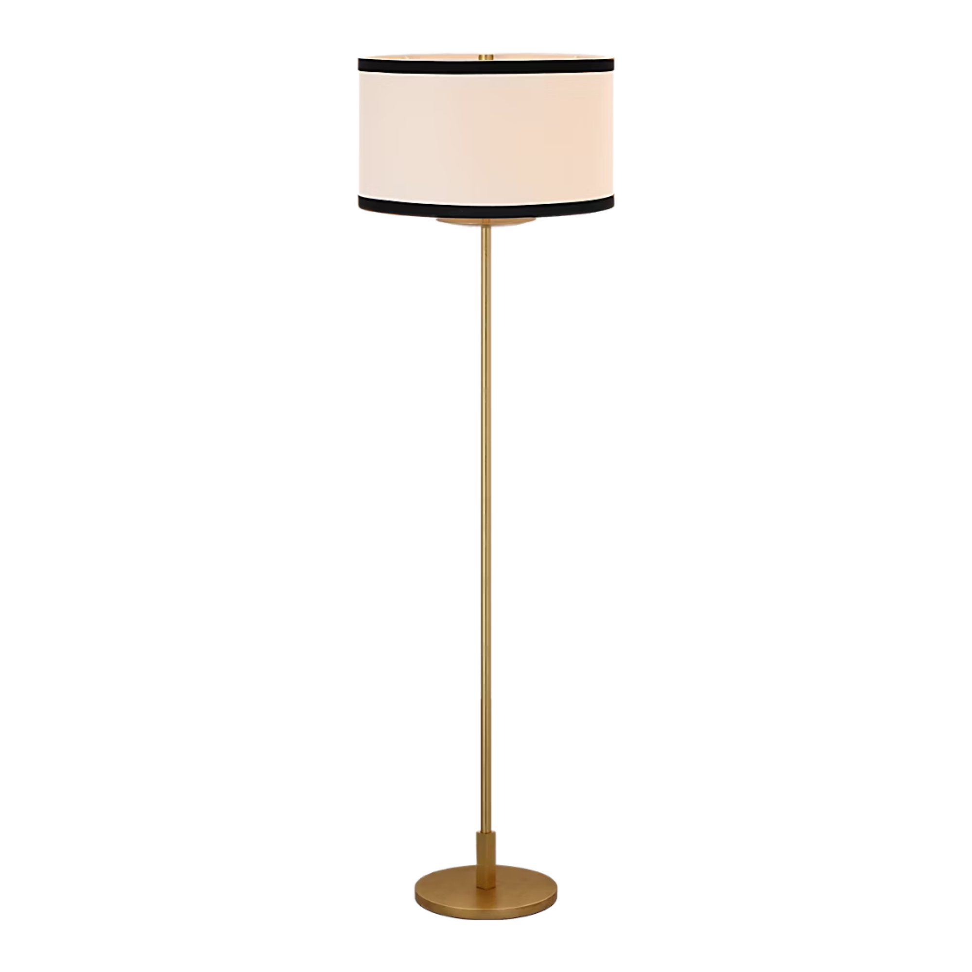 The gild with cream linen shade with black linen trim Walker Cordless Floor Lamp from Visual Comfort Signature at an angle.
