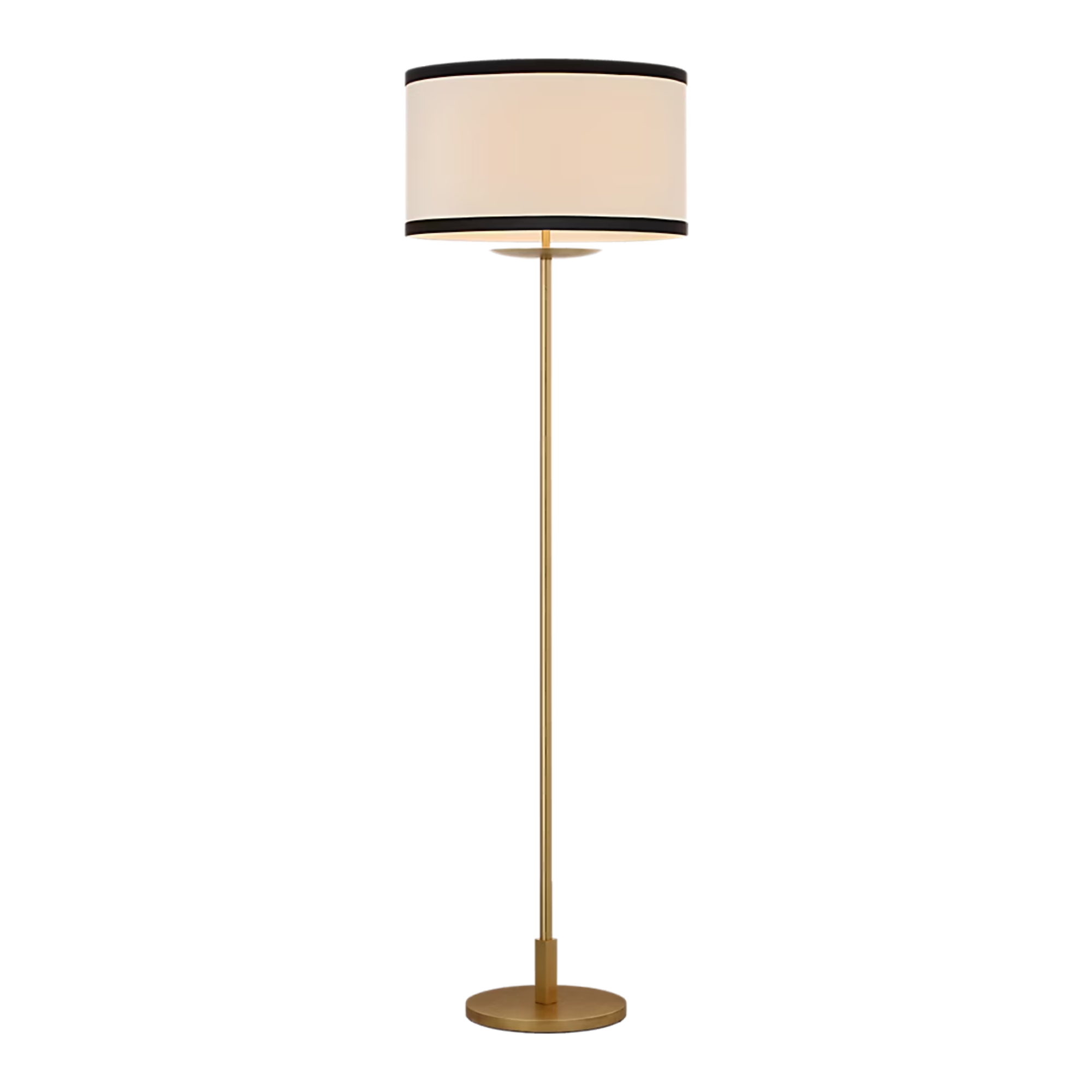 The gild with cream linen shade with black linen trim Walker Cordless Floor Lamp from Visual Comfort Signature turned off.