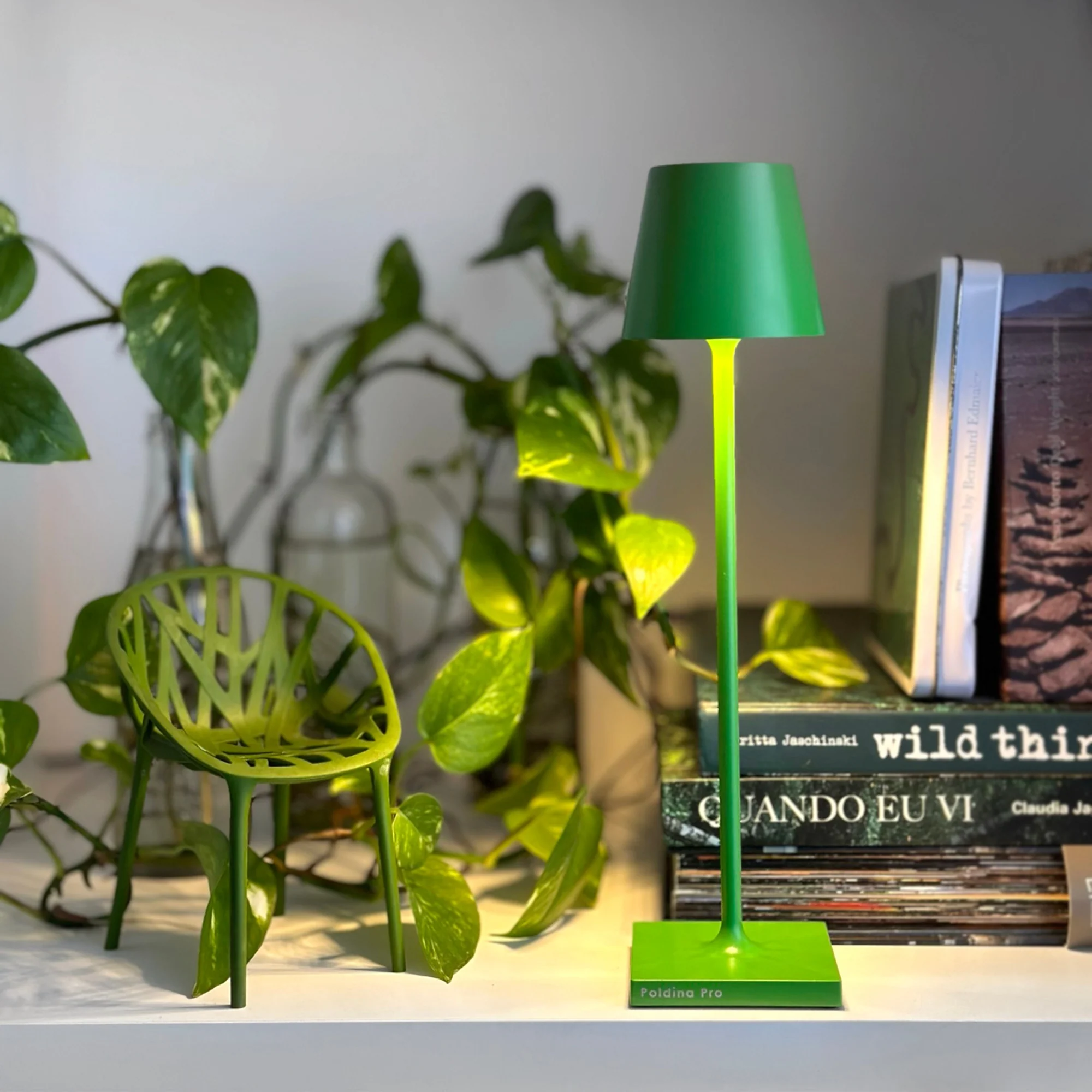 The apple green Poldina Pro Micro Cordless Lamp from Zafferano on the shelf of a home library beside a plant and books.