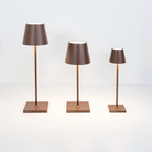 The rust Poldina Pro Micro Cordless Lamp from Zafferano with the other sizes of the Poldina Lamp.