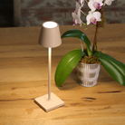 The sand Poldina Pro Micro Cordless Lamp from Zafferano on a wooden dining table beside a plant.