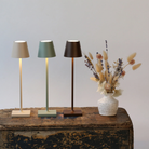 The sand Poldina Pro Micro Cordless Lamp from Zafferano in a living space with the Sage and Rust lamps.
