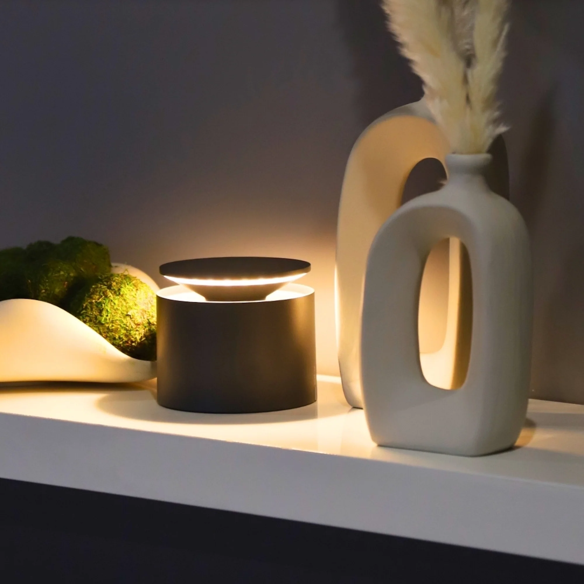 The dark grey PushUp Pro Cordless Lamp from Zafferano in a lounge beside a vase.